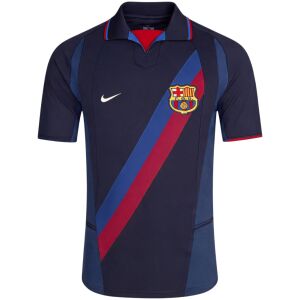 Mens Barcelona Retro Third Jersey 2002/03 front view in navy blue with diagonal Blaugrana sash and crest