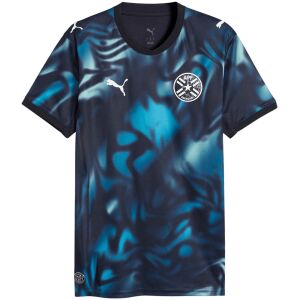 Front view of Mens Paraguay Away Jersey 2026 in dark navy with cyan smoke graphic and APF crest