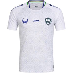 Catalog front view of Mens Uzbekistan Away Jersey 2026 showing geometric mosaic pattern and UFA badge