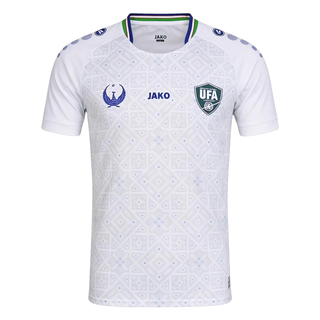 Mens Uzbekistan Away Jersey 2026 Catalog front view of Mens Uzbekistan Away Jersey 2026 showing geometric mosaic pattern and UFA badge