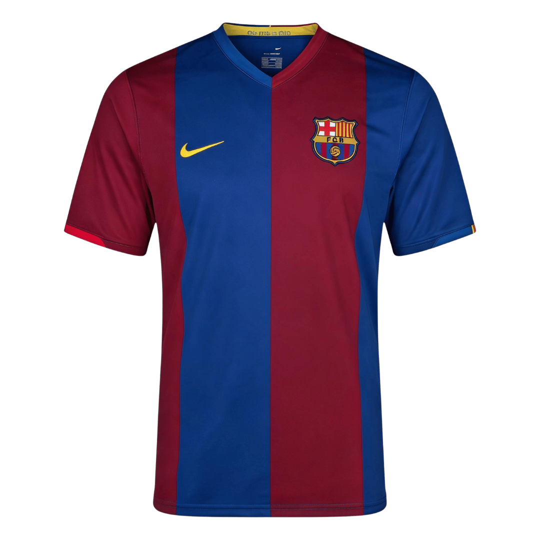 Mens Barcelona Retro Home Jersey 2006/07 Mens Barcelona Retro Home Jersey 2006/07 front view showing half-and-half Blaugrana split design and embroidered crest