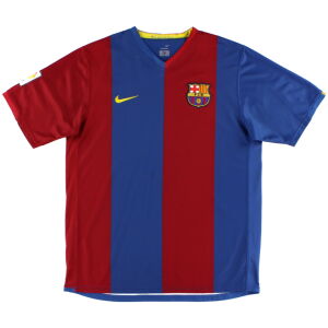 Mens Barcelona Retro Home Jersey 2006/07 flat lay front view highlighting LFP sleeve badge and yellow collar tape