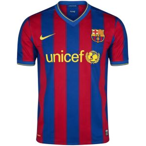 Mens Barcelona Retro Home Jersey 2009/10 front view in Blaugrana stripes featuring UNICEF sponsor and Nike Swoosh