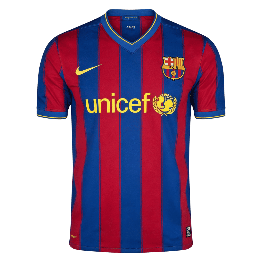 Mens Barcelona Retro Home Jersey 2009/10 Mens Barcelona Retro Home Jersey 2009/10 front view in Blaugrana stripes featuring UNICEF sponsor and Nike Swoosh
