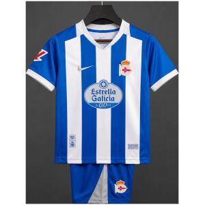 Kids Deportivo La Coruña Home Kit 2026/27 striped shirt and blue shorts front view with crest