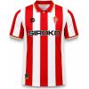 Mens Sporting Gijon Home Jersey 2026/27 red and white striped shirt front view with club crest and SIROKO