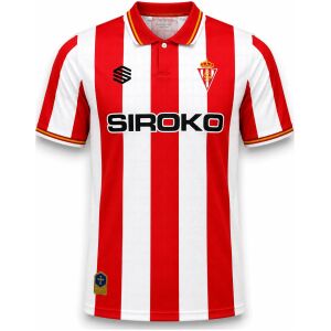 Mens Sporting Gijon Home Jersey 2026/27 red and white striped shirt front view with club crest and SIROKO