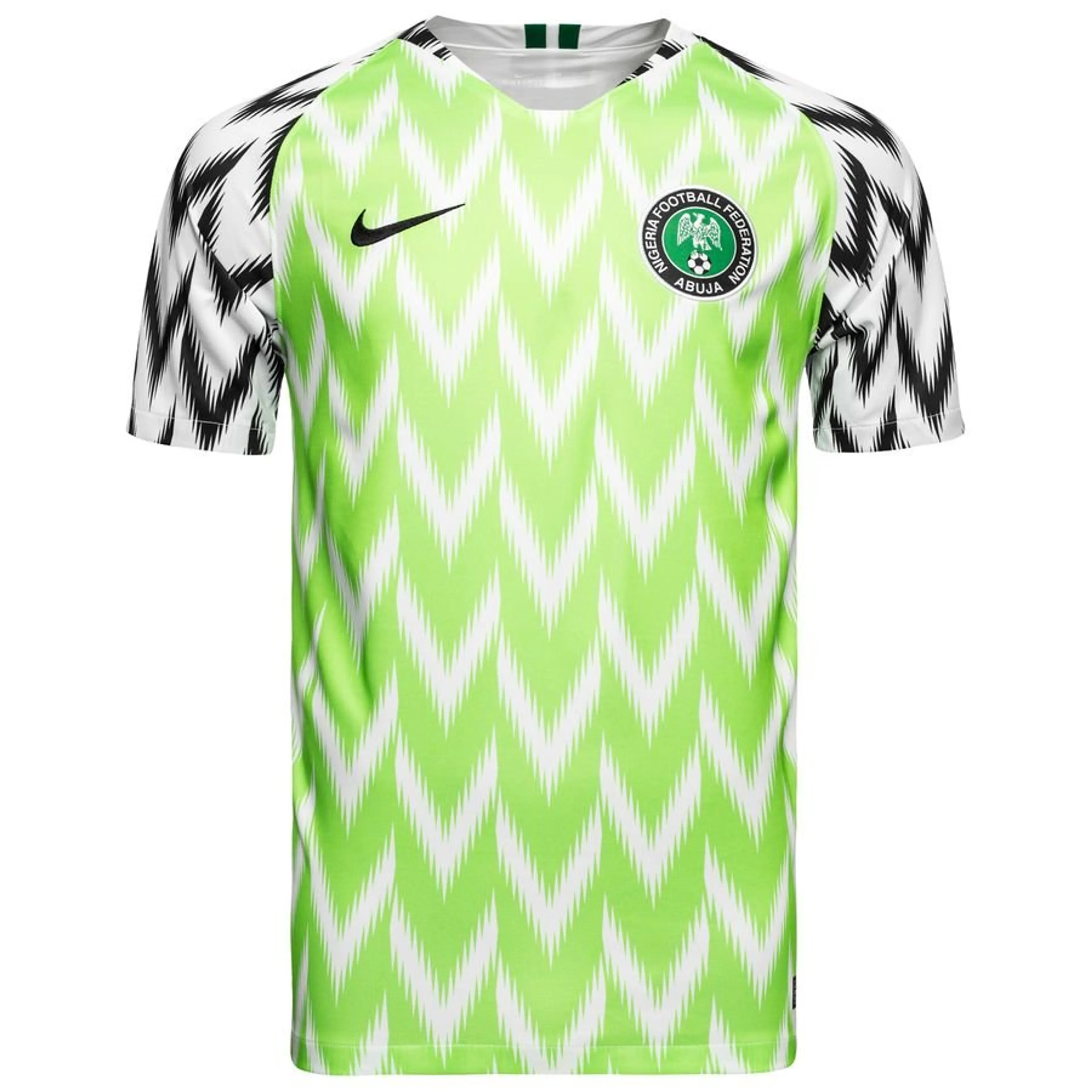 Mens Nigeria Retro Home Jersey 2018 Mens Nigeria Retro Home Jersey 2018 front view showing iconic green and white feather chevrons