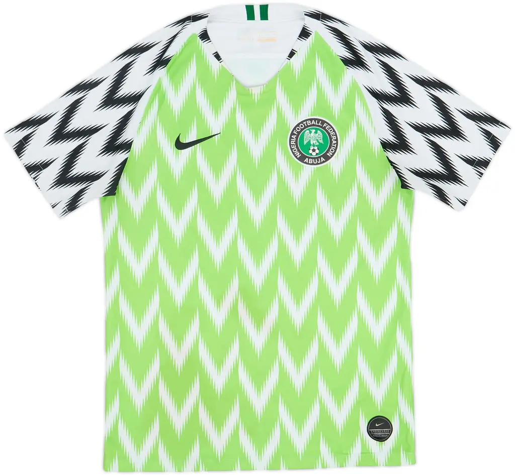 Mens Nigeria Retro Home Jersey 2018 Mens Nigeria Retro Home Jersey 2018 flat-lay view with black-and-white eagle sleeves and NFF crest