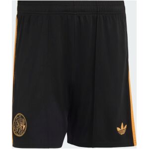 Mens Ajax Away Shorts 2026/27 black shorts front view with gold side stripes and retro Ajax crest