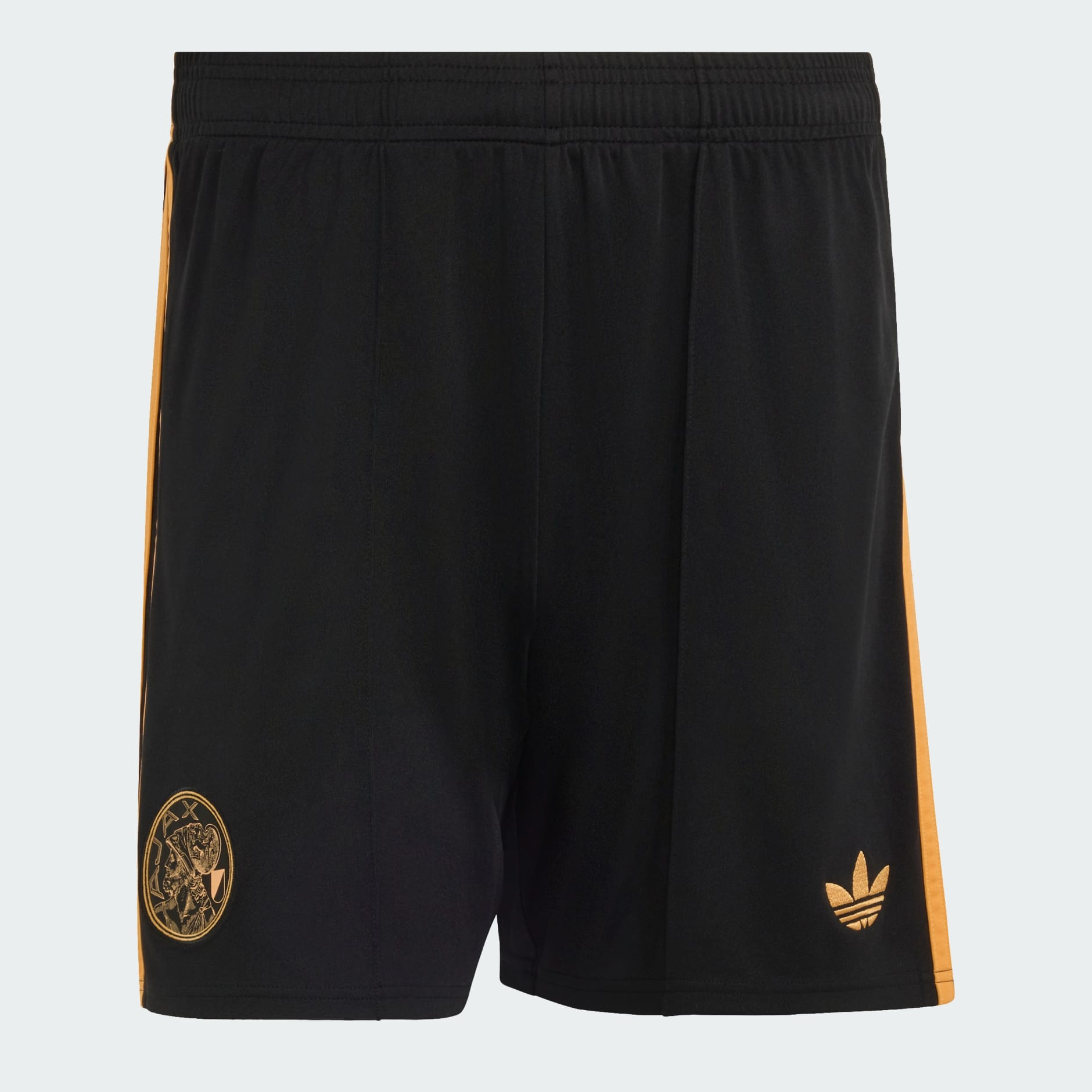 Mens Ajax Away Shorts 2026/27 Mens Ajax Away Shorts 2026/27 black shorts front view with gold side stripes and retro Ajax crest