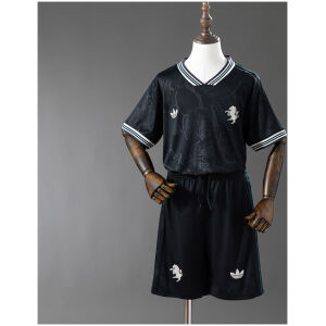 Kids Juventus Third Kit 2025/26 jersey and shorts set front view on mannequin