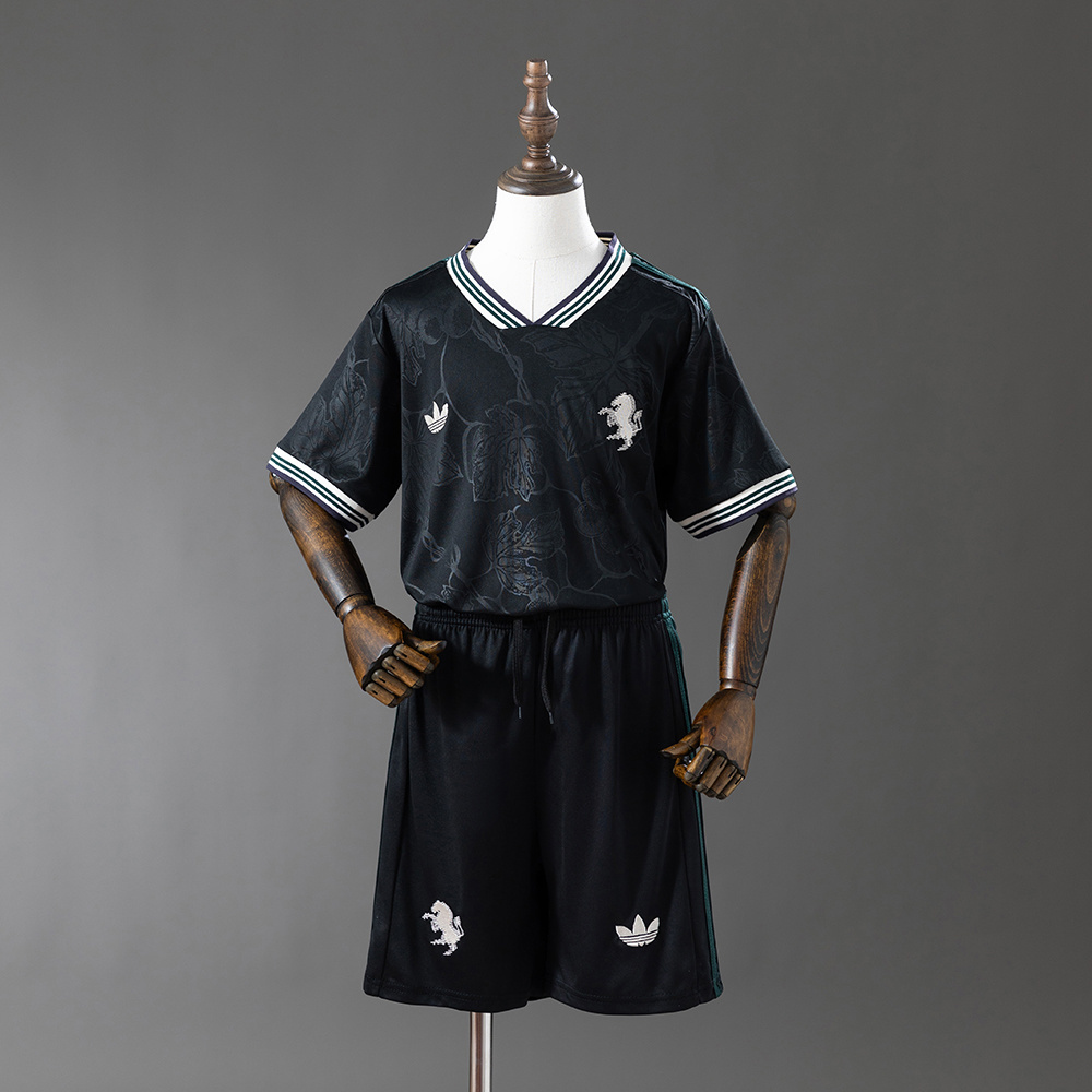 Kids Juventus Third Kit 2025/26 Kids Juventus Third Kit 2025/26 jersey and shorts set front view on mannequin