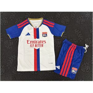 Kids Olympique Lyonnais Home Kit 2026/27 Front view of Kids Olympique Lyonnais Home Kit 2026/27 with blue shorts