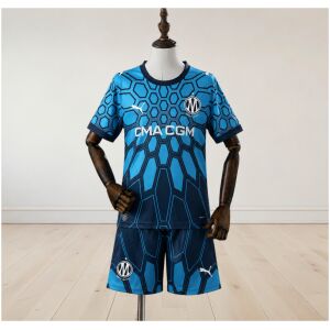 Kids Olympique Marseille Blue Goalkeeper Kit 2026/27 front view with graphic shorts