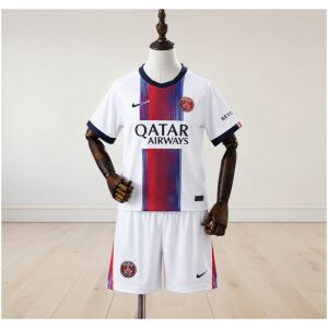 Kids Paris Saint-Germain Away Kit 2026/27 front view with jersey and white shorts