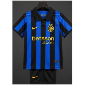 Kids Inter Milan home jersey front view with black shorts and blue stripes