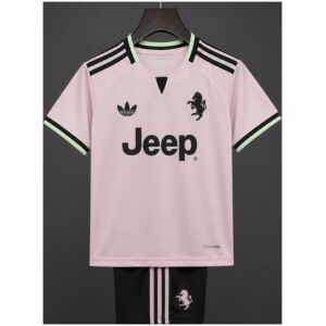 Kids Juventus Away Jersey 2026/27 front view with pink shirt and black shorts