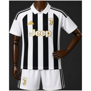 Kids Juventus Home Jersey 2026/27 front view with striped shirt and white shorts