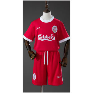 Kids Liverpool Retro Home Kit 1995/96 front view showing red jersey and shorts with Carlsberg sponsor