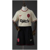 Kids Liverpool Retro Away Kit 1996/97 front view with ecru jersey, black shorts, and Carlsberg sponsor
