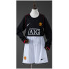 Kids Manchester United Retro Long Sleeve Away Kit 2007/08 front view with black long sleeve jersey, AIG sponsor, and white shorts