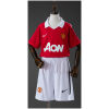Kids Manchester United Retro Home Kit 2010/11 front view showing red shirt with white collar and white shorts