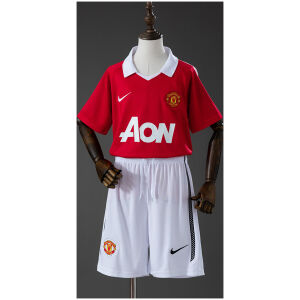 Kids Manchester United Retro Home Kit 2010/11 front view showing red shirt with white collar and white shorts