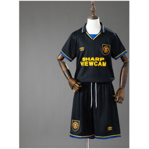 Kids Manchester United Retro Away Kit 1993/94 front view showing black jersey with yellow trims and matching shorts