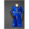 Kids Manchester United Retro Third Kit 1996/98 front view showing royal blue shirt with slash details and blue shorts