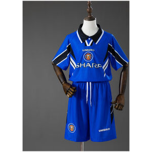Kids Manchester United Retro Third Kit 1996/98 front view showing royal blue shirt with slash details and blue shorts