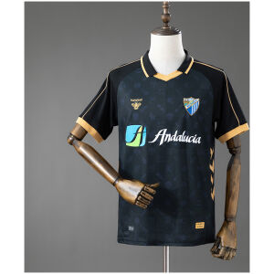 Mens Malaga Style Retro Jersey 2025/26 Front view of the Mens Malaga Style Retro Jersey 2025/26 in black and gold featuring Andalucia sponsor and club crest