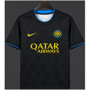 Mens Inter Milan black and yellow pre-match jersey front view with circular pattern