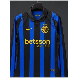 Mens Inter Milan home long sleeve jersey front view with blue and black stripes