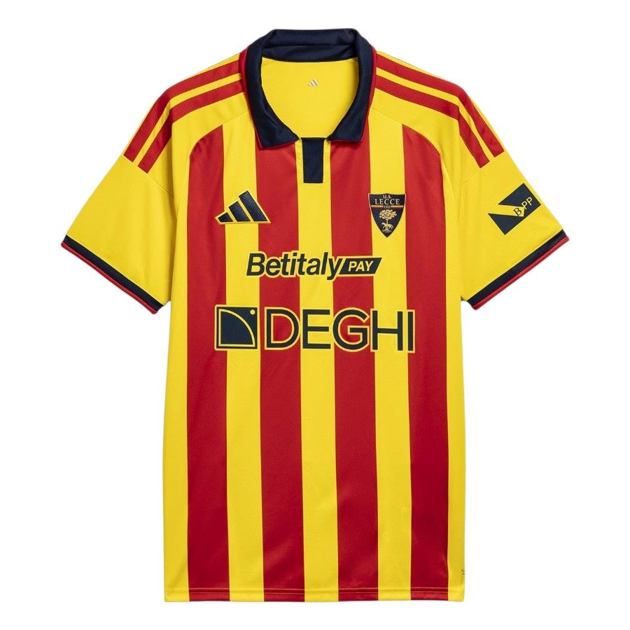 Mens Lecce Home Jersey 2026/27 Front view of Mens Lecce Home Jersey 2026/27 showing yellow and red stripes