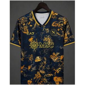 Mens Napoli Concept Jersey Navy Blue and Gold Ornate Floral Pattern Edition Jersey 2026/27 Mens Napoli concept jersey front view in navy blue with gold floral pattern
