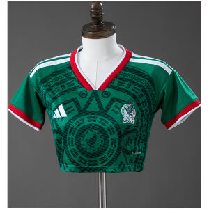 Womens Mexico Style Home Crop Top 2026 front view in green with Aztec sun stone pattern and crest