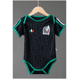 Baby Mexico Third Jersey 2026 front view baby bodysuit in black with Aztec pattern and green trim