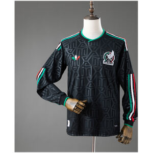 Mens Mexico Long Sleeve Third Jersey 2026 front view in black with Aztec jacquard patterns and tricolor sleeve stripes