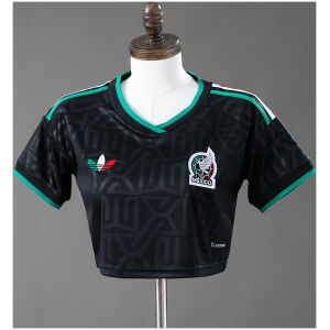 Womens Mexico Style Third Crop Top 2026 front view in black with Aztec pattern and tricolor stripes