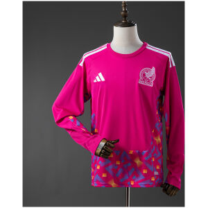 Front view of the Mens Mexico World Cup Long Sleeve Goalkeeper Jersey 2026 in magenta with multicolored geometric graphics