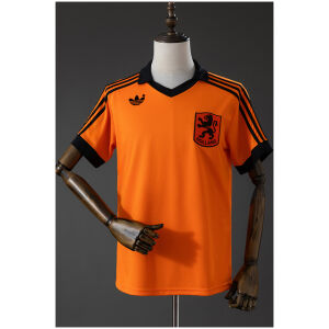 Mens Netherlands Retro Home Jersey 1978 Mens Netherlands Retro Home Jersey 1978 orange shirt front view with black polo collar and KNVB crest