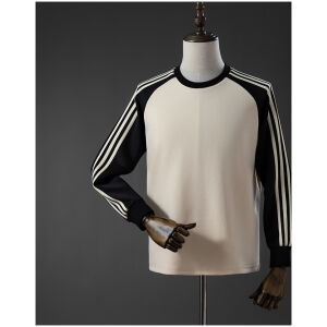 Mens Oasis Tour Three-Striped Beige Long Sleeve T-Shirt Mens Oasis Tour Three-Striped Beige Long Sleeve T-Shirt front view with black sleeves
