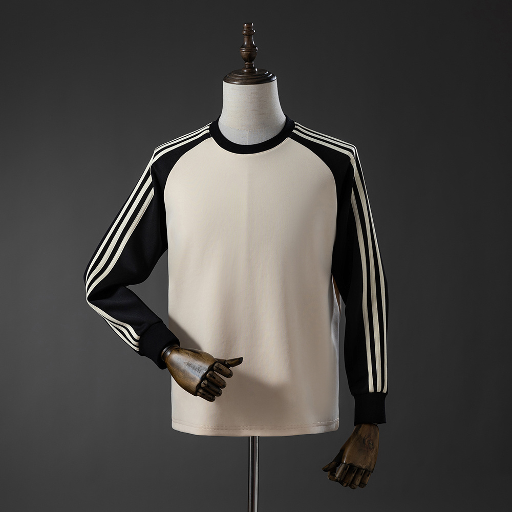 Mens Oasis Tour Three-Striped Beige Long Sleeve T-Shirt Mens Oasis Tour Three-Striped Beige Long Sleeve T-Shirt front view with black sleeves