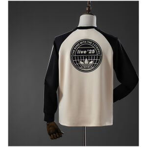 Mens Oasis Tour Three-Striped Beige Long Sleeve T-Shirt rear view showing matching team styling