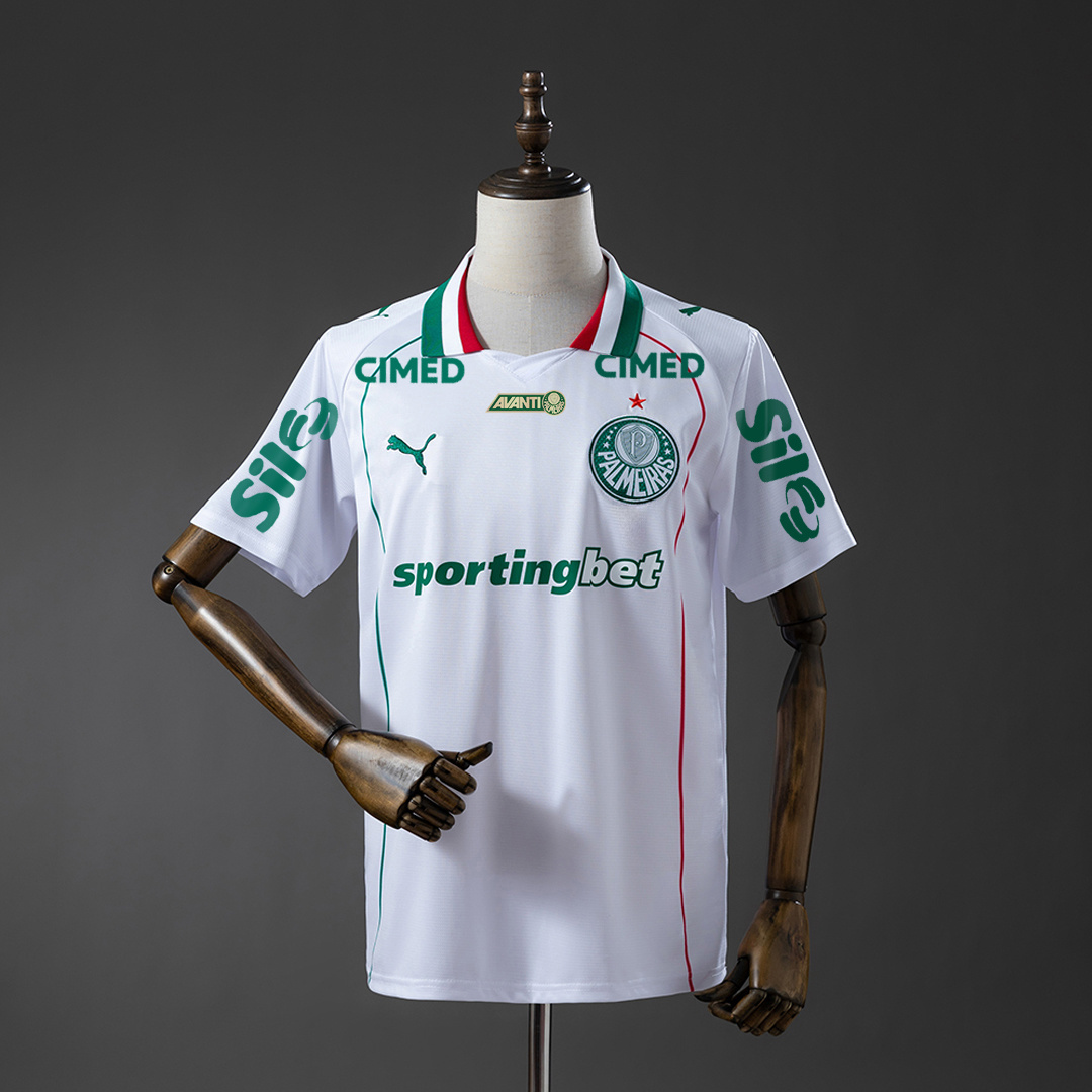 Mens Palmeiras All sponsors Away Jersey 2026/27 Front view of the Mens Palmeiras All sponsors Away Jersey 2026/27 in white with tricolor piping and sponsors