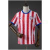 Mens Paraguay Home Jersey 2026 front view showing red and white textured stripes and blue V-neck collar