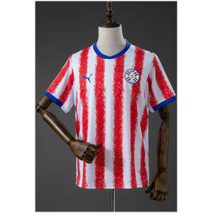Mens Paraguay Home Jersey 2026 Mens Paraguay Home Jersey 2026 front view showing red and white textured stripes and blue V-neck collar