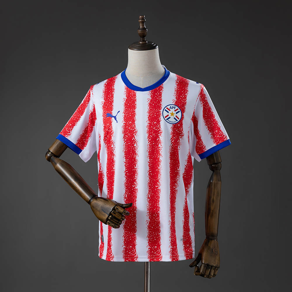 Mens Paraguay Home Jersey 2026 Mens Paraguay Home Jersey 2026 front view showing red and white textured stripes and blue V-neck collar