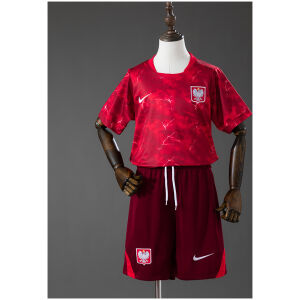 Kids Poland Away Kit 2026 front view featuring crimson lightning-pattern jersey and maroon shorts